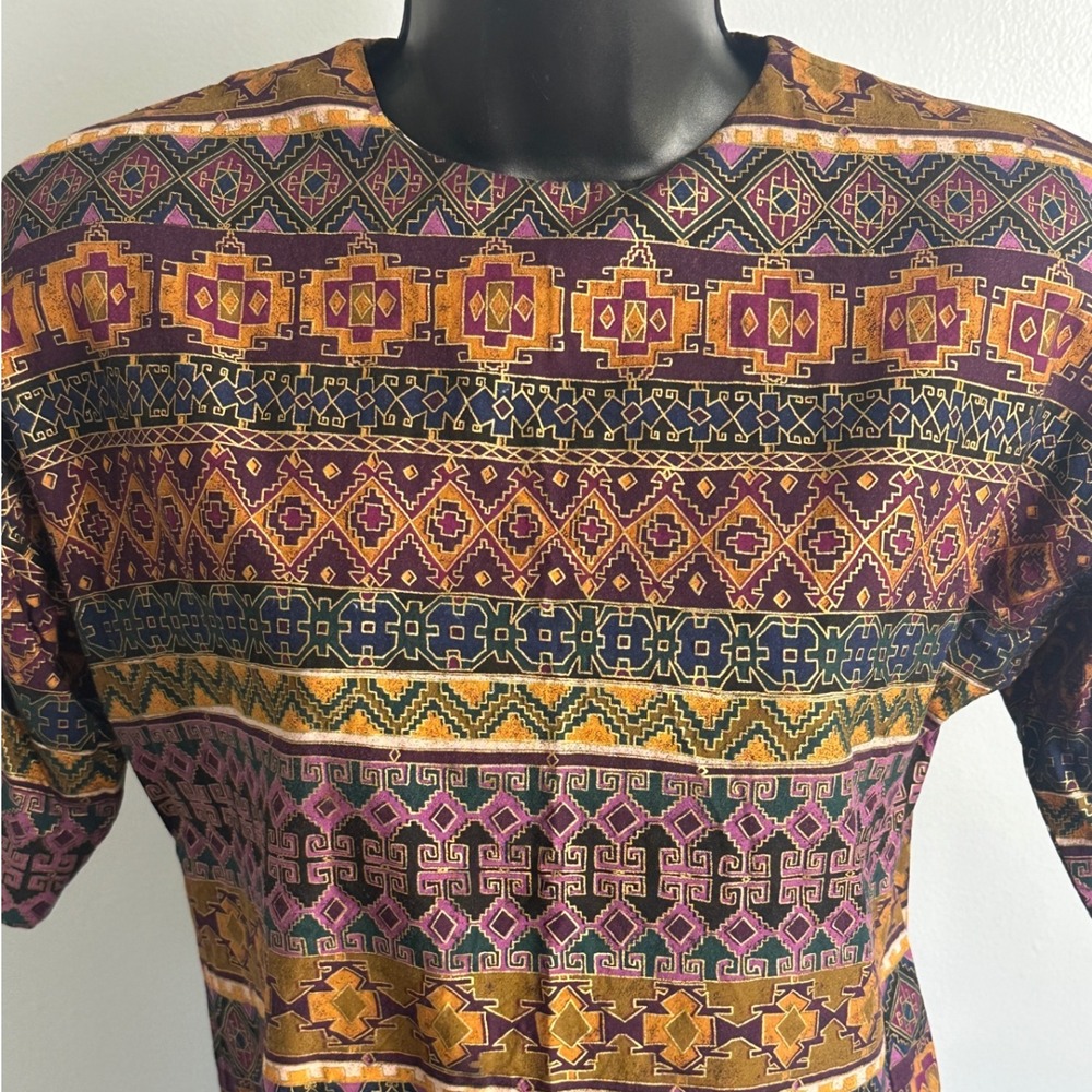 Vintage 90s Lee Winter Petites Rayon Top Tribal Aztec Geo Print Size‎ S Petite - Picture 2 of 6